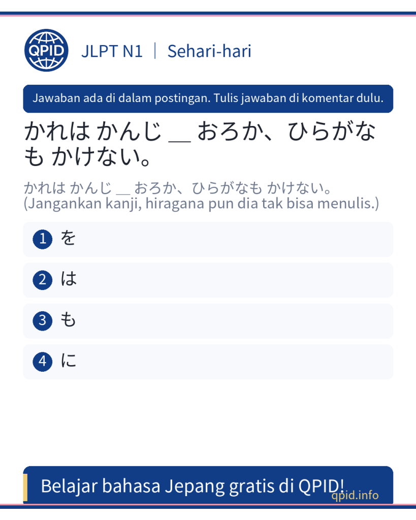 Memahami Partikel は (wa) dalam kalimat N1: かれは かんじ は おろか、ひらがなも かけない artinya apa?